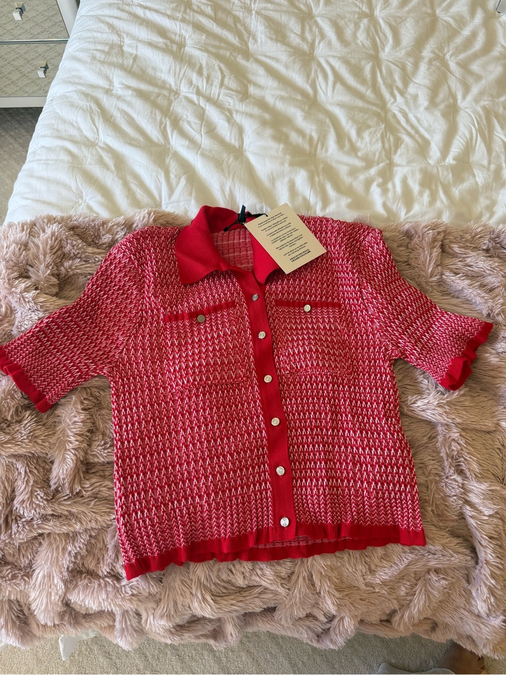 Maje Red Knit Button-Front Short Sleeve Cardigan